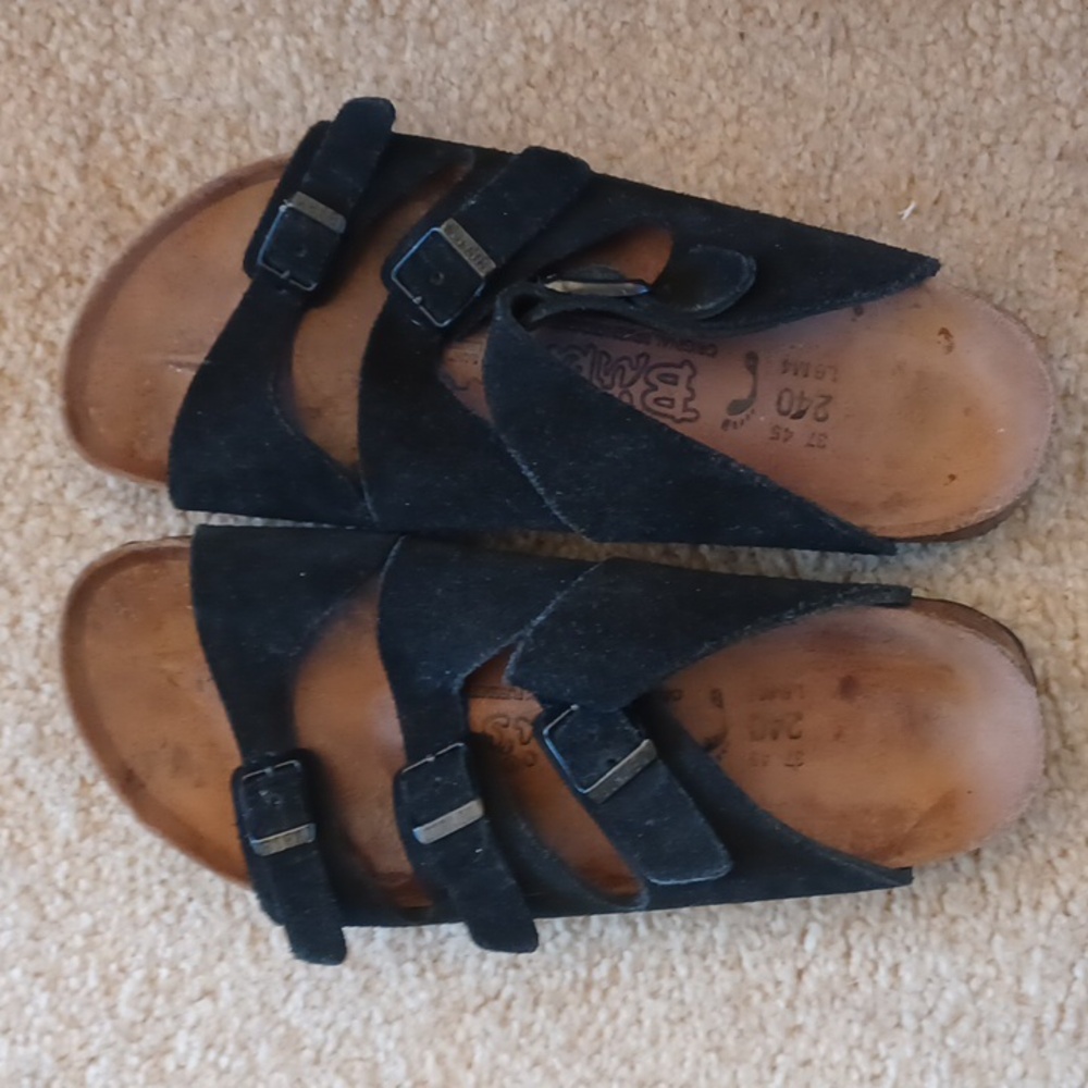 Birkenstock Birkis Black Suede Leather Three Strap Sandal L7.5 Pre-owned